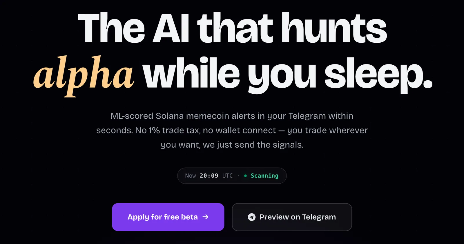 The AlphaFeed landing page headline: The AI that hunts alpha while you sleep, with buttons to apply for the free beta and to preview the bot on Telegram.